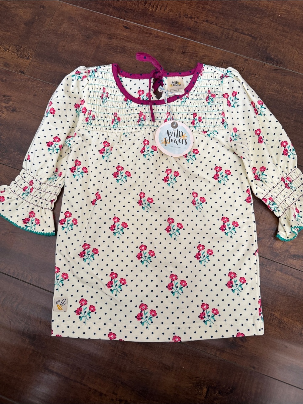 Wildflowers Cream Floral and Navy Dot Girls Pajama Top with Pink Trim